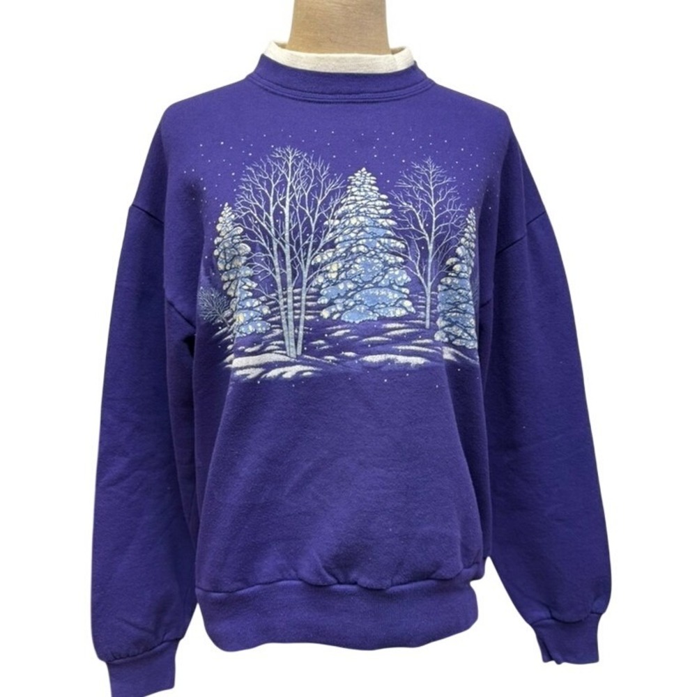 Vintage Purple Winter Scene Sweatshirt Women's Mock Neck Long Sleeve Graphic Top